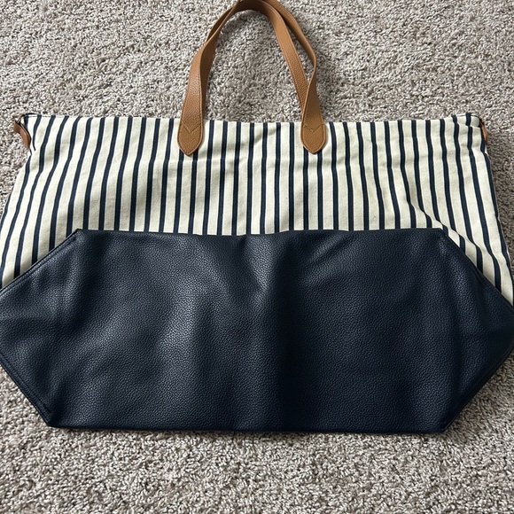 Striped Canvas Tote Bag with Tan Handles - Picture 2 of 2